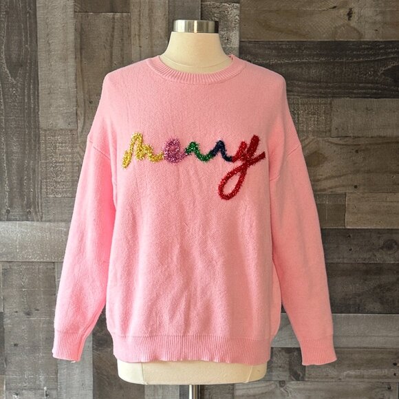 Main Strip pink holiday sweater small rainbow Merry Christmas party winter - Picture 8 of 8